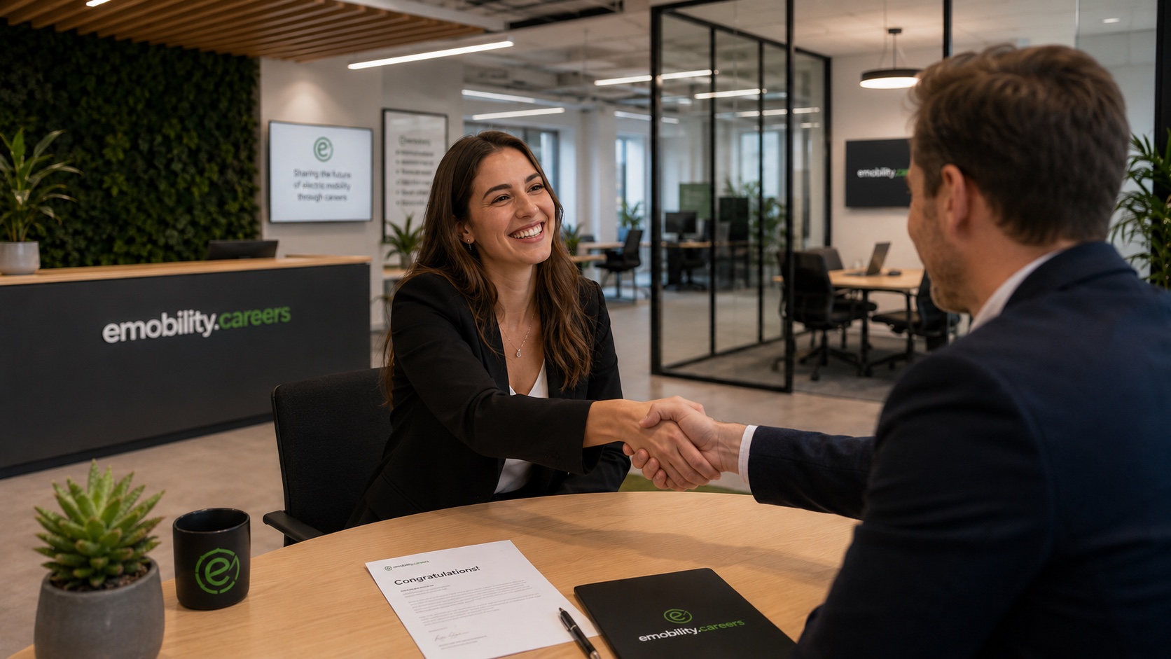 A successful candidate shaking hands across a wooden table with a recruiter, after receiving an offer from emobility.careers — branded reception counter, brand notebook + mug on the table, modern open office in the background