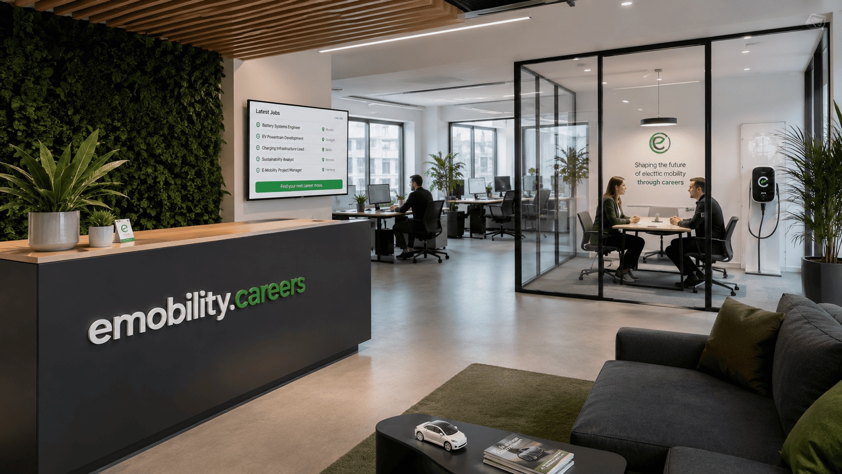 The emobility.careers office reception — wordmark on a dark counter, latest-jobs board behind, green wall and meeting room beyond